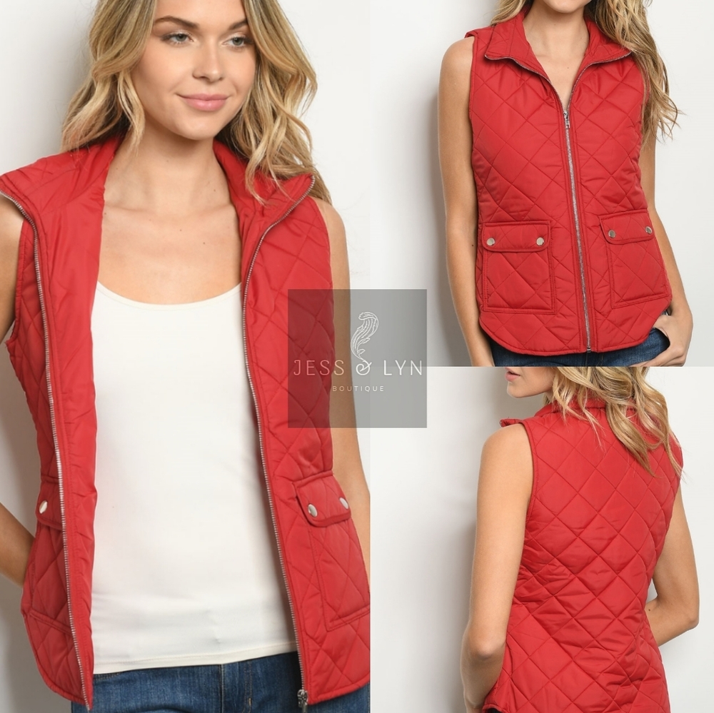🆕Cherry Red Puffer Zip Up Vest w/Pockets - Picture 3 of 7